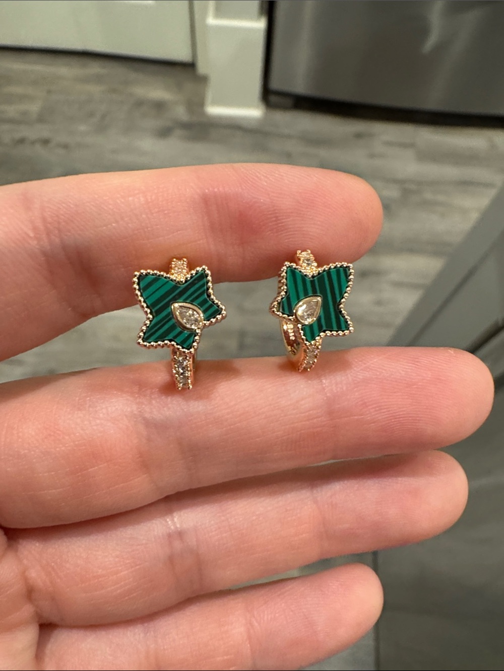 Malachite Green Leaf Hoop Earrings Champagne Gold Tone CZ